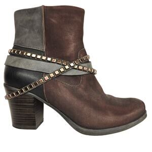 Tamaris Studded Harness Boot Leather Nubuck Colorblock EU 38 US 7.5 Moto Western